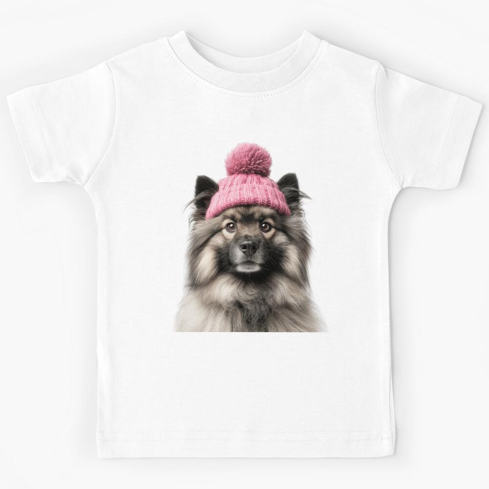 Cozy Keeshond dog Wearing Pink Winter Hat Trendy Animal Fashion Artwork Kids T-Shirt 160
