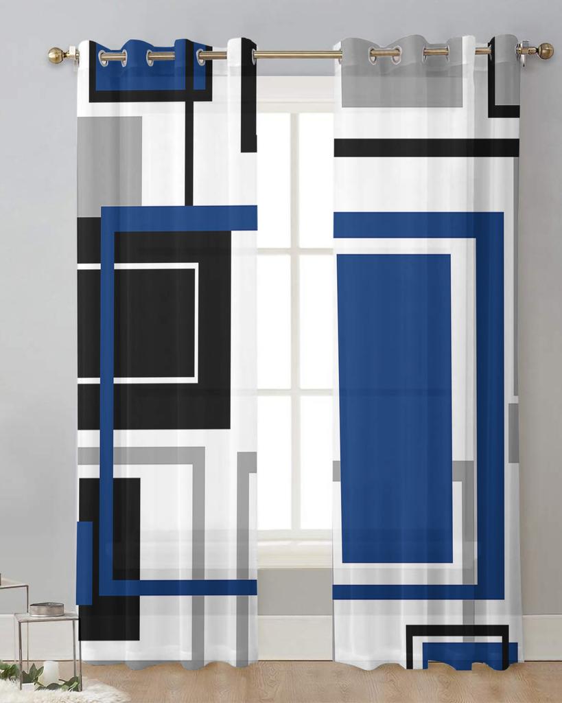 Abstract Geometry Squares Modern Art Blue Sheer Curtains for Living Room Decoration Window Curtains Kitchen Tulle Voile Curtains