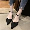 2025 spring and summer new French black high heels women's thick heel hollow fashion professional one-word buckle medium heel single shoes autumn