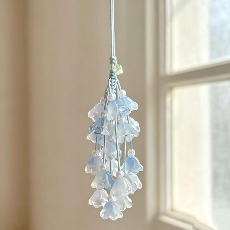 Floral Charm Strap Keychain for Bags and Phones, Valley Flower Hanging Style with Translucent Flower Drops and Bead Details
