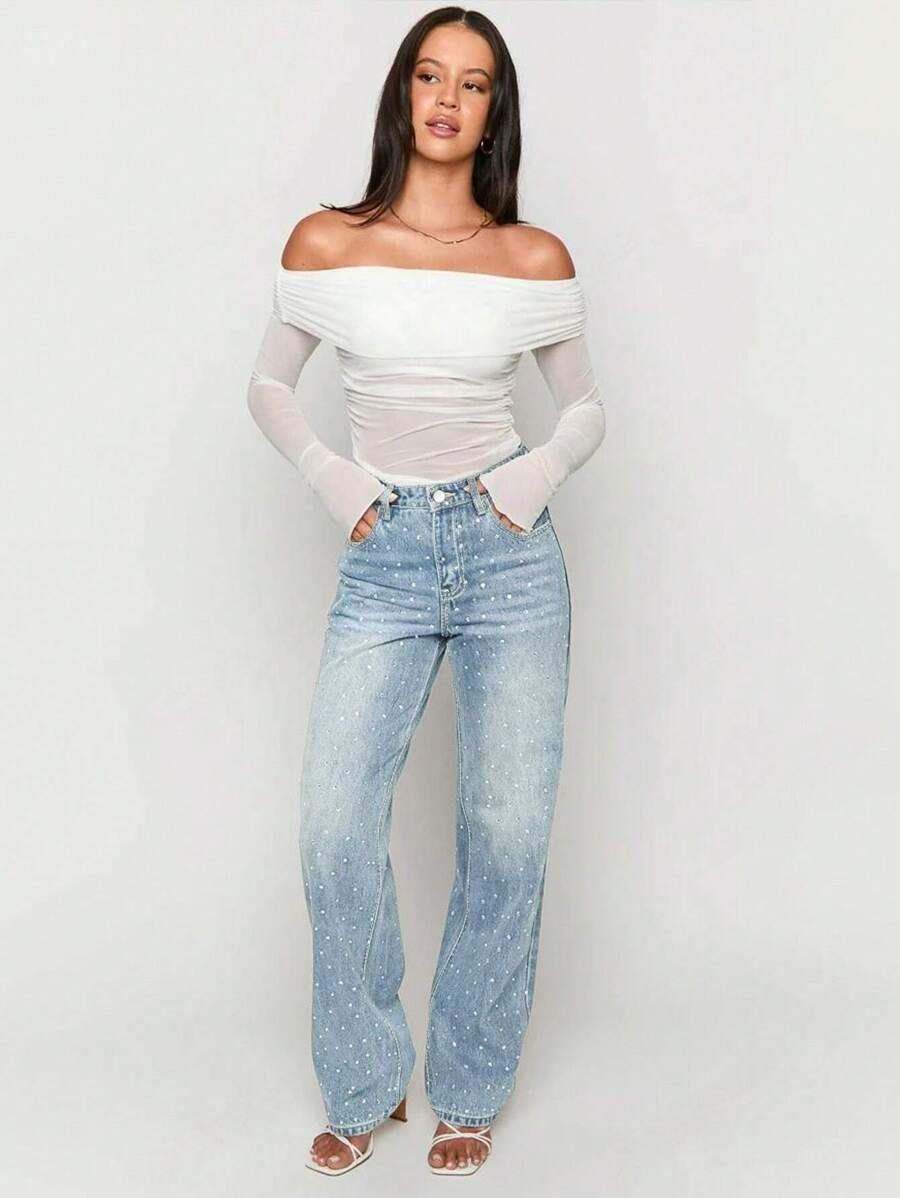 

Джинсы SHEIN Plus Size со стразами, с высокой посадкой и широкими штанинами M