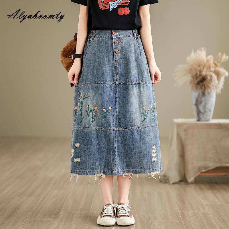 

Плюс размер Mori Girl Демисезонная женская юбка-миди с высокой талией, рваная джинсовая юбка с кисточками, винтажная юбка с цветочной вышивкой и карманами M