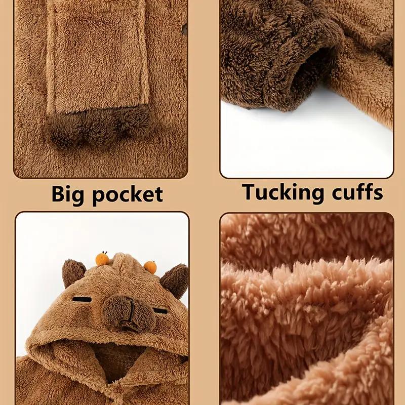Cartoon Capybara Long Pajama Set - Warm Coral Fleece Robe for Winter Loungewear