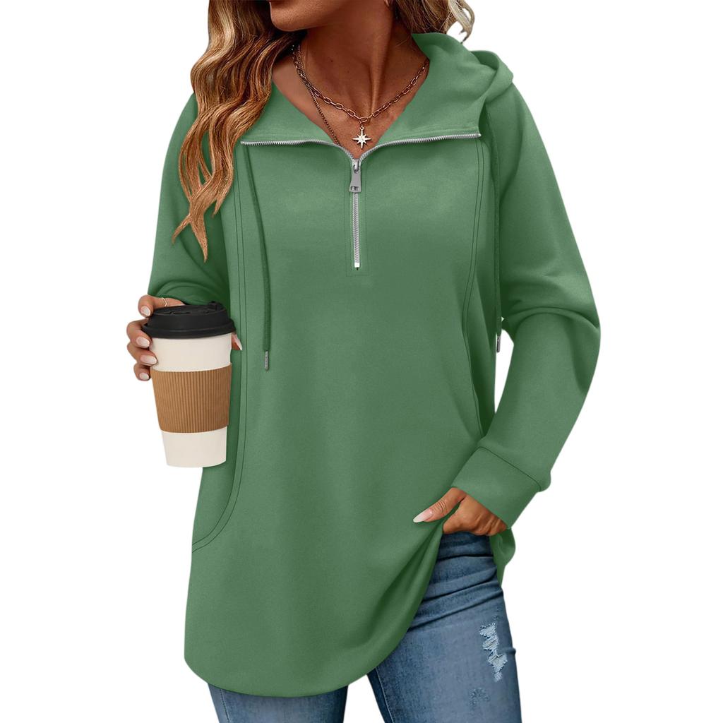 Women's Solid Color Zipper Drawstring Pocket Pullover Top Sweatshirt