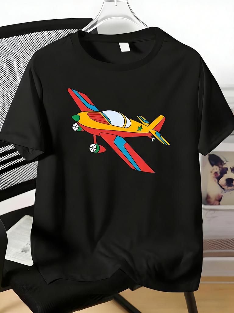 Bright Retro Propeller Plane Print Unisexs Cotton Short Sleeve Tee Crew Neck Casual Summer Daily Top For Aviation Fan Adult Male