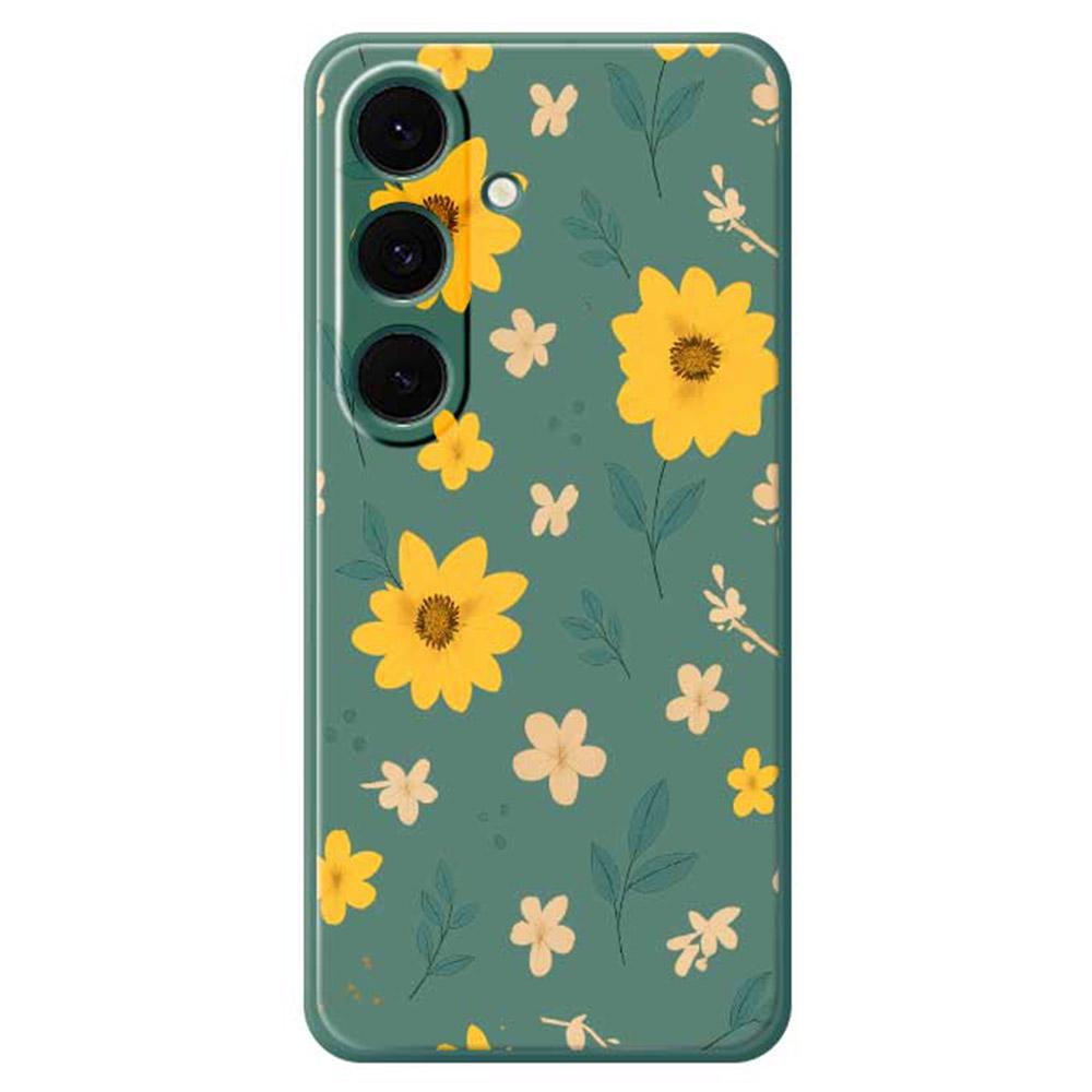 For Samsung Galaxy S25+ Case Yellow Floral and Leaves Pattern Printing Straight Edge TPU Phone Back Cover