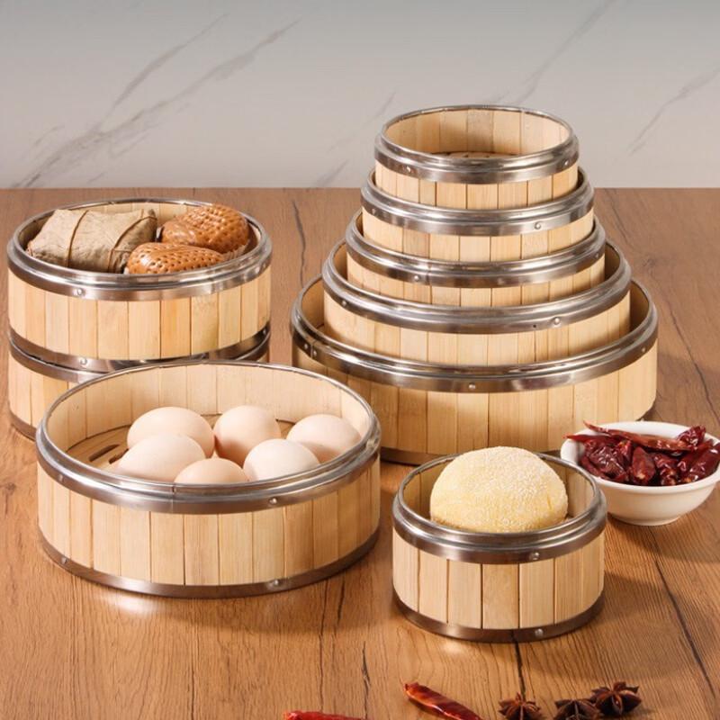 Commercial Bamboo Steamer & Lid with Stainless Steel Trim