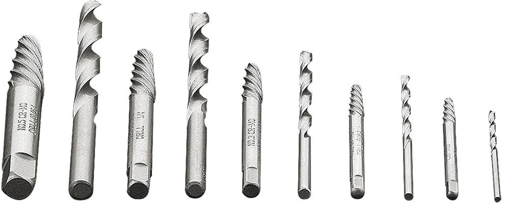 Screw extractors for broken screws with pilot drills, set of 10.