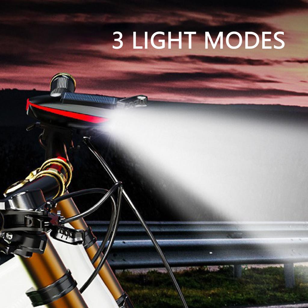 Solar Bike Front Light 3 Modes IPX4 Water Proof Rechargeable Bike Headlight with 5 Modes Horn Solar Bike Front Light with Horn