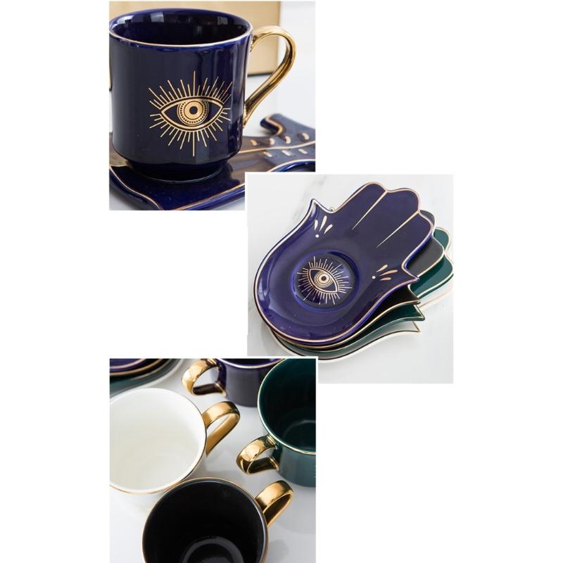Ceramic Coffee Cup and Hand Shape Saucer Set Turkish Evils Eye Theme Mug Drinkware Gift for Safe Tea Milk Drinking