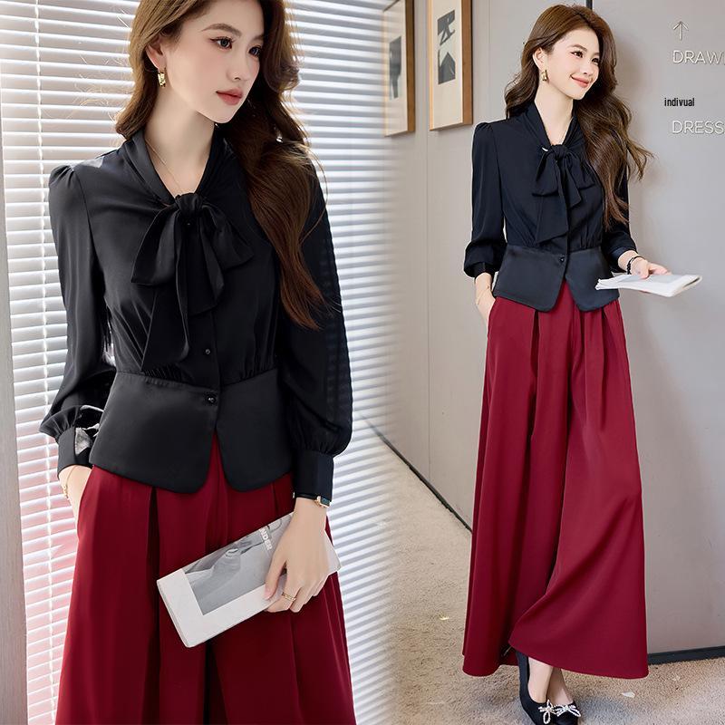 

2025 Весна и Осень Высококачественный Модный Костюм-Двойка: Комплект: рубашка с длинным рукавом на шнуровке и брюки широкого кроя XXL (130-140 jin) чёрный/красный