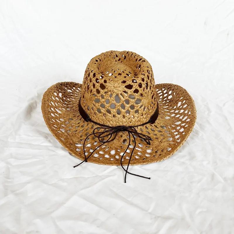 Summer Women's Men's Ethnic Style Western Cowboy Straw Hat Punk Style Handmade Hollow Sun Hat Rolled Edge Sunscreen Beach Cap