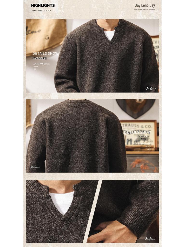 Men's Retro V-neck Wool Sweater: Winter Warmth and Plush Feel