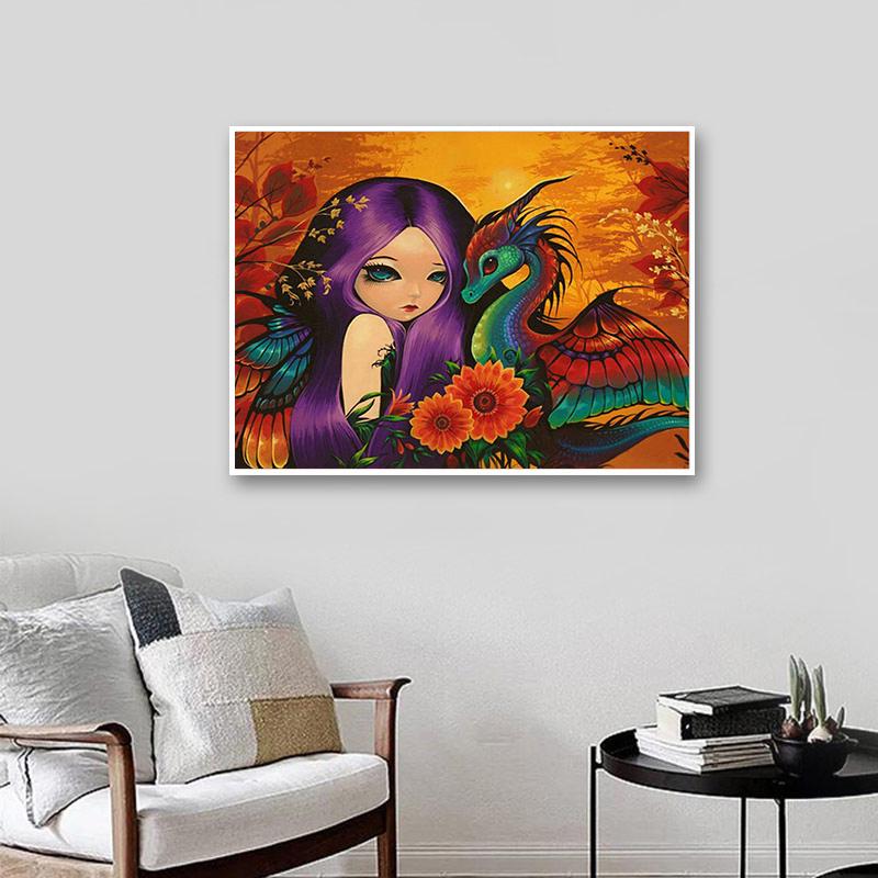 Diamond Painting Cross Stitch 5D Diamond Embroidery Sale Cartoon Girl & Dragon DIY Full Round Diamond Mosaic Needlework