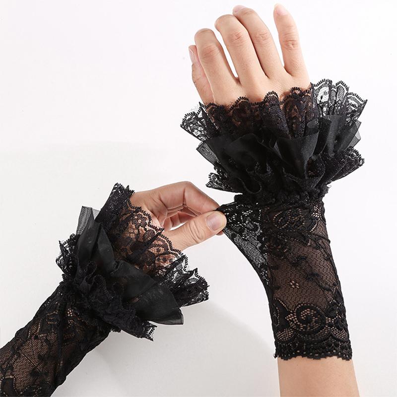 Elastic Fingerless Gloves Muti-Layer Lace Long Arm Fake Sleeves Sweater Decorative Horn Cuffs Girls Clothing Accessories