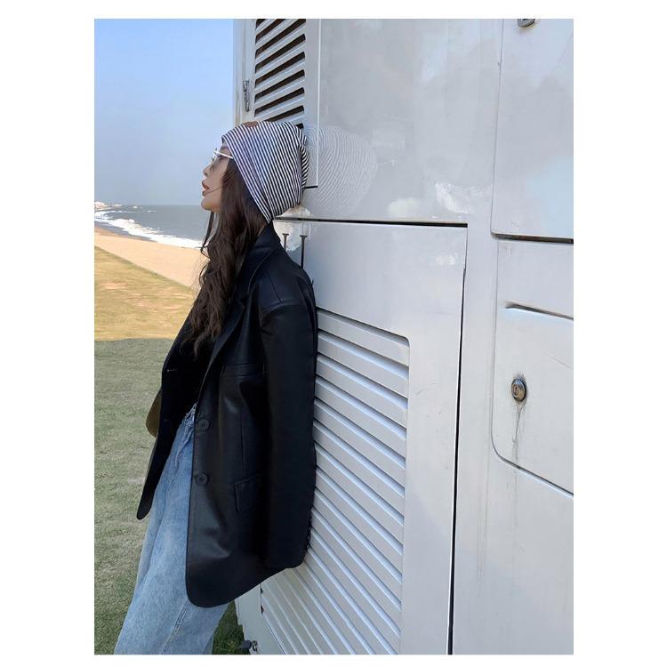 Jachetă elegantă din piele PU neagră pentru femei, jachetă de primăvară și toamnă, secțiune lungă, croială lejeră, stil stradal, jachetă