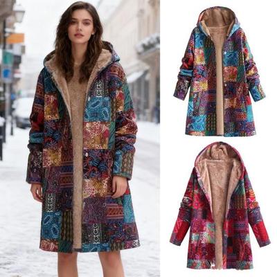 Vintage Ethnic Style Sherpa Lined Coat for Women Long Sleeve Floral Print Fleece Jacket Fall Winter Zip Up Hooded Outerwear