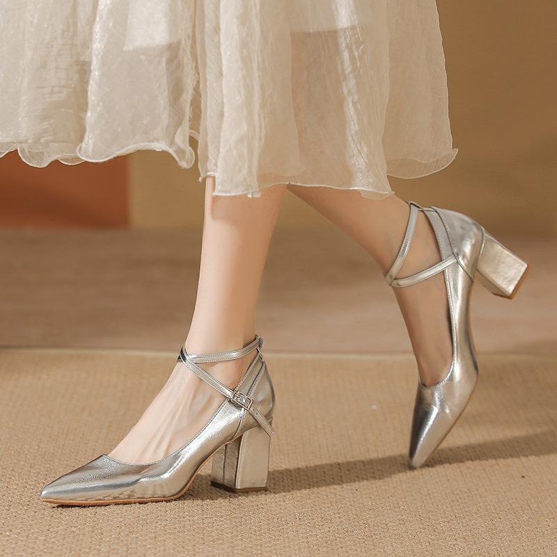 Silver Pointed High Heels Women's Autumn New Cross Belt with Skirt Temperament Light Mouth Thick Heel Single Shoes