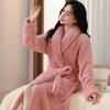 Women's Coral Fleece Long Bathrobe - 2025 Autumn/Winter, Warm & Simple Solid Color Homewear