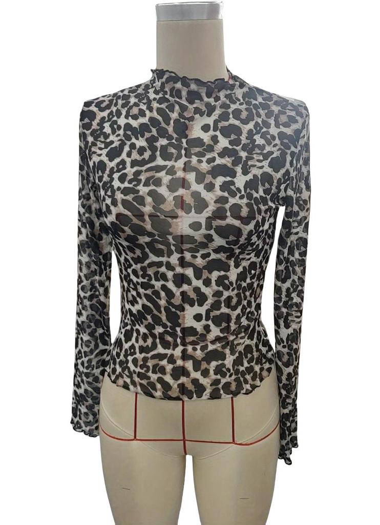 2025 Women's Sexy Leopard Print Mesh Trim Bodysuit Top