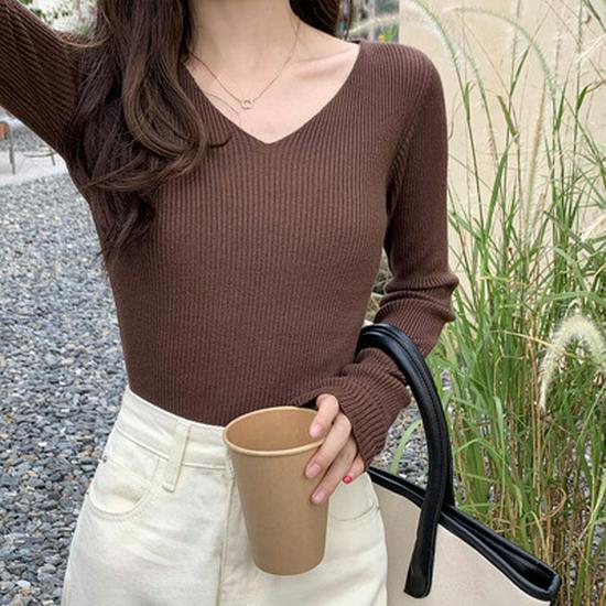 Dámský pletený pulovr s výstřihem do V slim fit: Trendy, s dlouhým rukávem, teplé na podzim a zimu