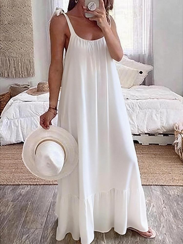 New women's clothing, casual suspender U-neck regular pleated multi-color women's dress long dress