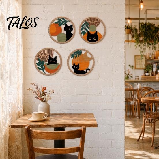 Nursery Wall Decor 4Pcs Black Cat Set, Boho Cartoon Hanging Art, Bedroom Art Farmhouse Rustic Wooden Plants Sign for Living Room Office Animal