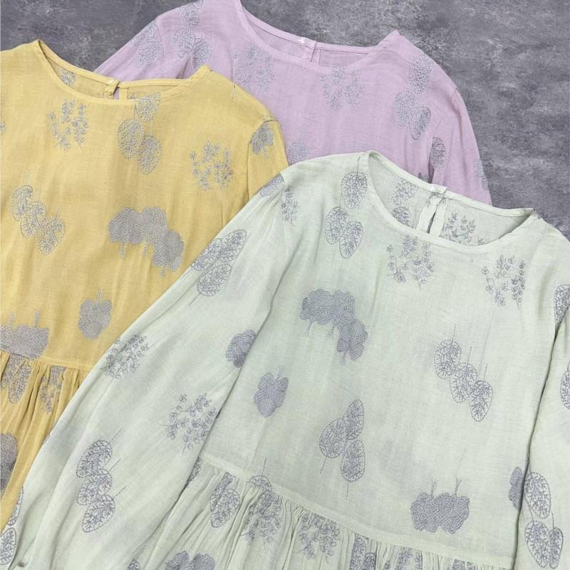 Johnature Japońska haftowana sukienka trójkolorowa luźna wiosna lato haftowana cienka swobodne sukienki damskie