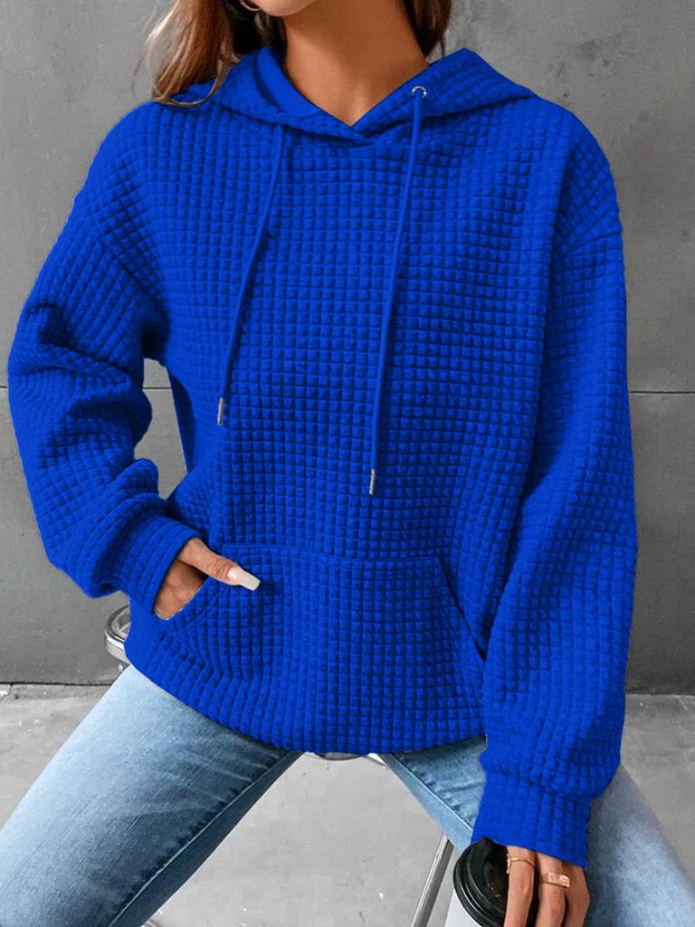 2025 New Women's Loose Hooded Long-sleeved Stitching Sweater Leisure Versatile Round Neck Solid Color Waffle Knit Hoodie