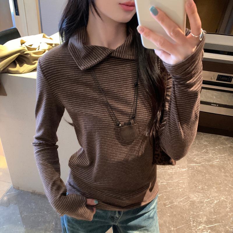 In Stock: Women s Striped Lapel Long-Sleeve T-Shirt - High-End Feel, Korean Style, Autumn/Winter 2026 Medium