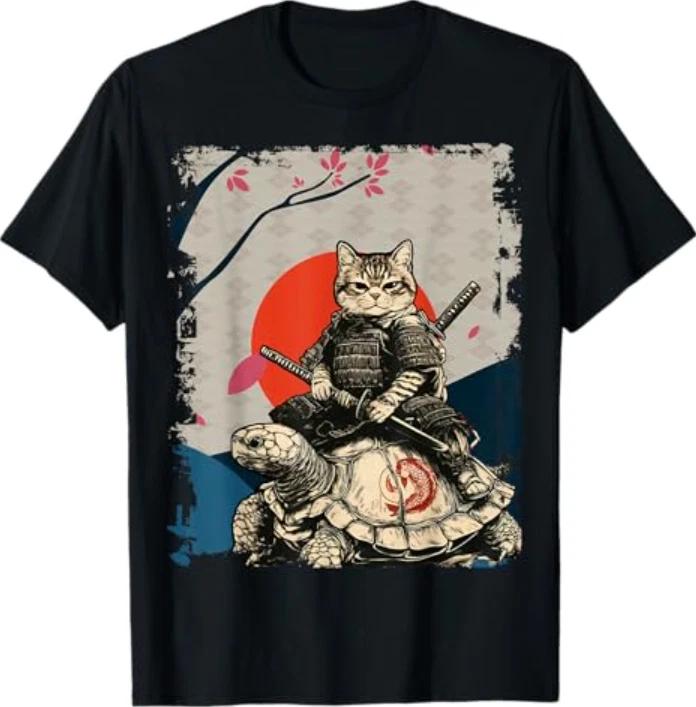 Japanese Ninja Art and Japan Samurai Cat on Turtle T-Shirt XL