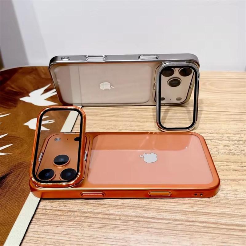 Plating Fold Glass Camera Stand Holder Clear Phone Case For iPhone 17 16 Pro Max 17 Air 16 Pro Ultra Thin Transparent Shockproof PC Cover