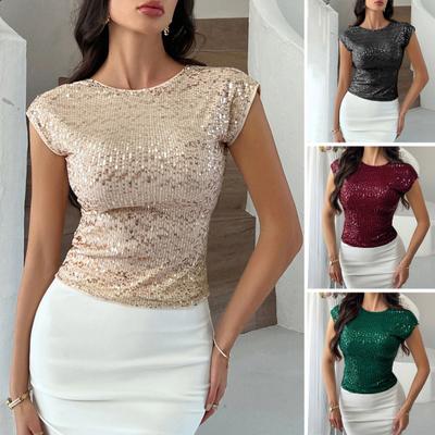 Women T-shirt Round Neck Short Sleeve Sequin Tops Backless Design Slim Fit Sexy Party Tops Daily Wear