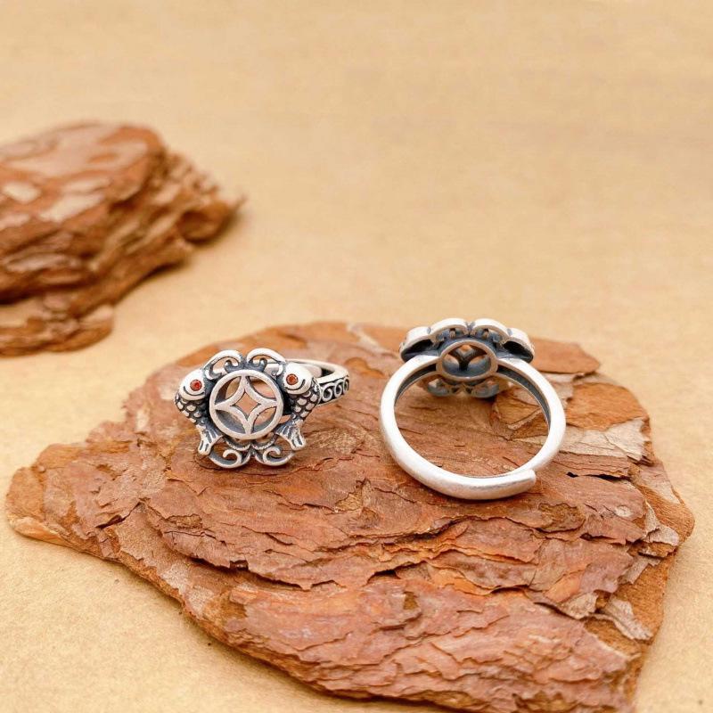 YintaiFei Ethnic Thai Silver Pisces Coin Ring: Vintage Retro Women's Versatile Finger Jewelry