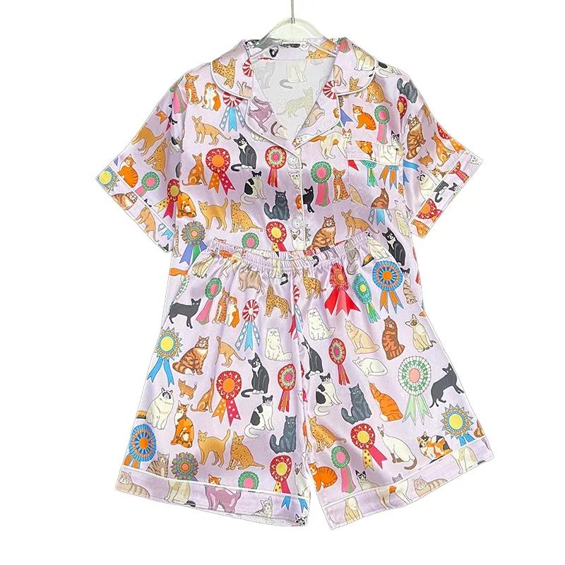 

Женская летняя пижама из двух частей с принтом мультяшного кота, искусственный шелк, новая короткая женская домашняя одежда, корейская классика, для сна и отдыха XXL