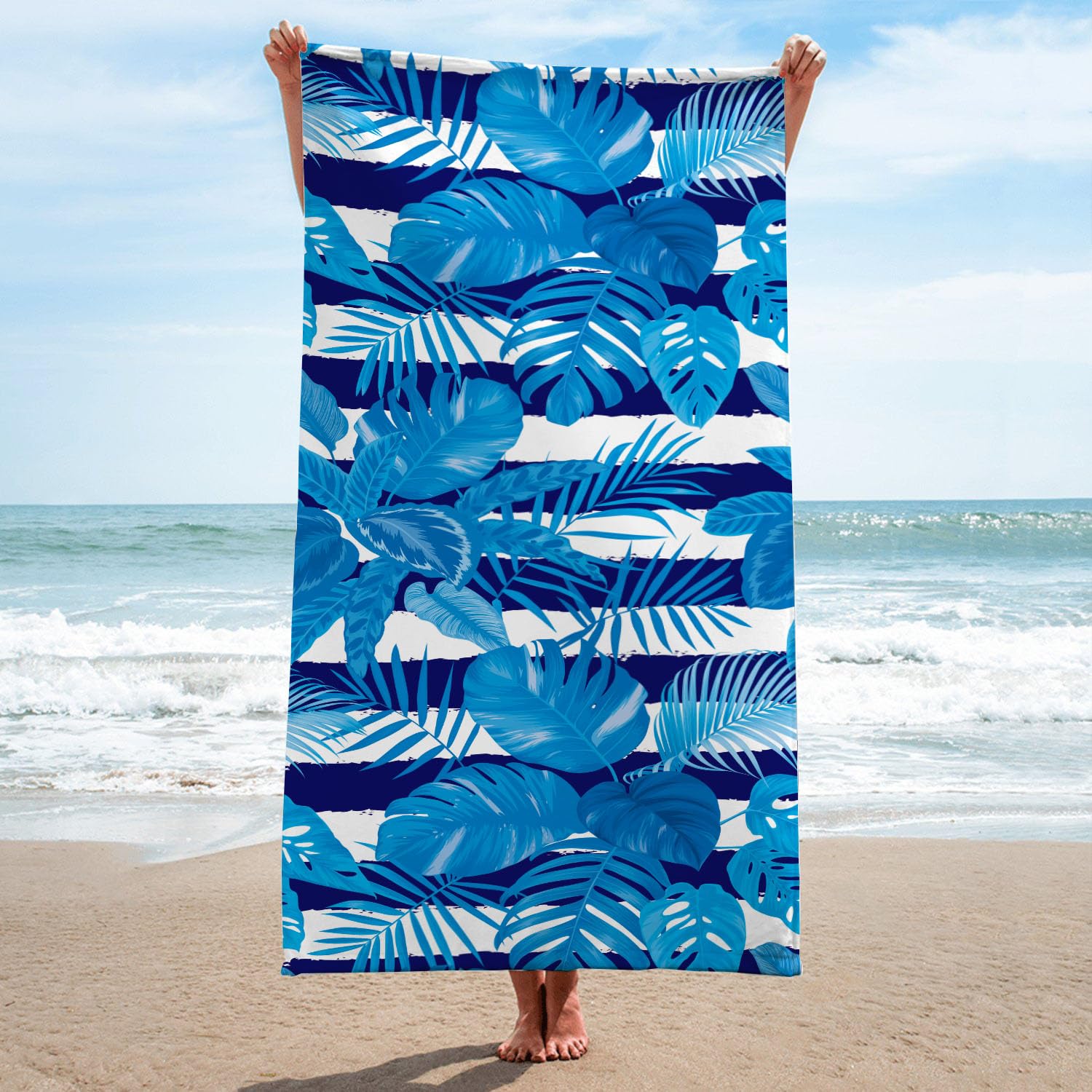 

Oversized Blue Tropical Leaf Beach Towel Striped Monstera Palm Leaf Quick Dry Microfiber Pool Towel for Adults W40*H60(CM)