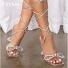 Fashion Eilyken Street Style Square Toe Woman Sandals Fashion Crystal Lace-up Transparent Perspex High Heels Shoes Party Dress Pumps