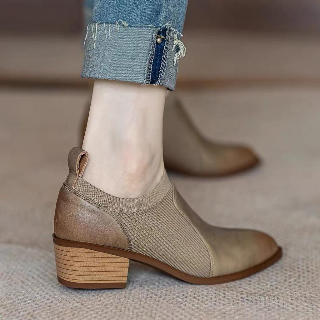 Thick heel single shoes 22 years commuting pointed toe leather medium heel retro deep mouth breathable