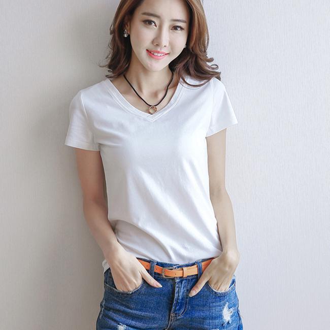 Women's Headwear Summer Casual T-Shirt Top V Cotton Short Sleeve Cotton Fashion Black White T-Shirts