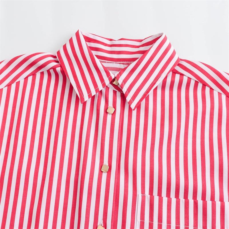 Z Home 1116 Summer New European and American Casual Versatile Lapel Edge Cuffs Loose Striped Shirt 1711111