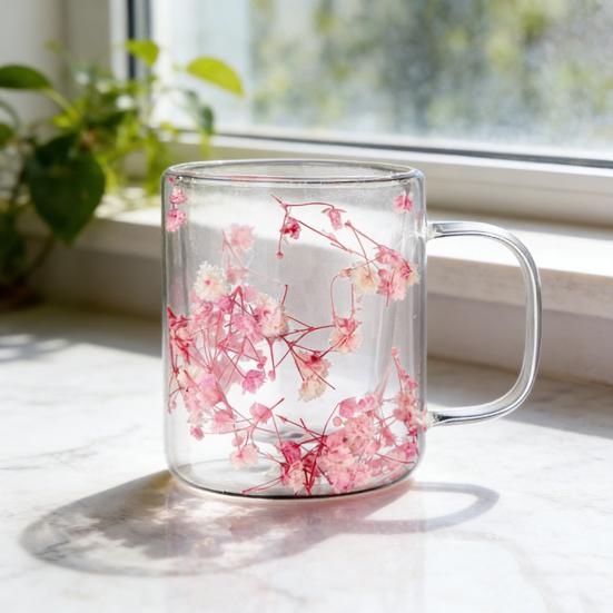 Double Wall Glass Coffee Mug with Handle Colorful Petal Design Tumbler Creative Insulated Cup for Hot