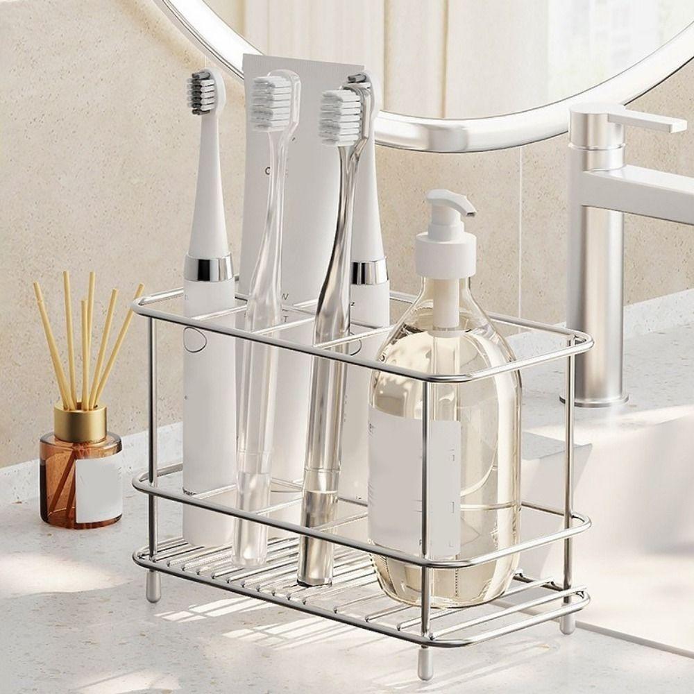 Stainless Steel Toothbrush Holder Multi-slot Saving Space Toothpaste Holder Non-Slip Shower Table Bracket Bathroom