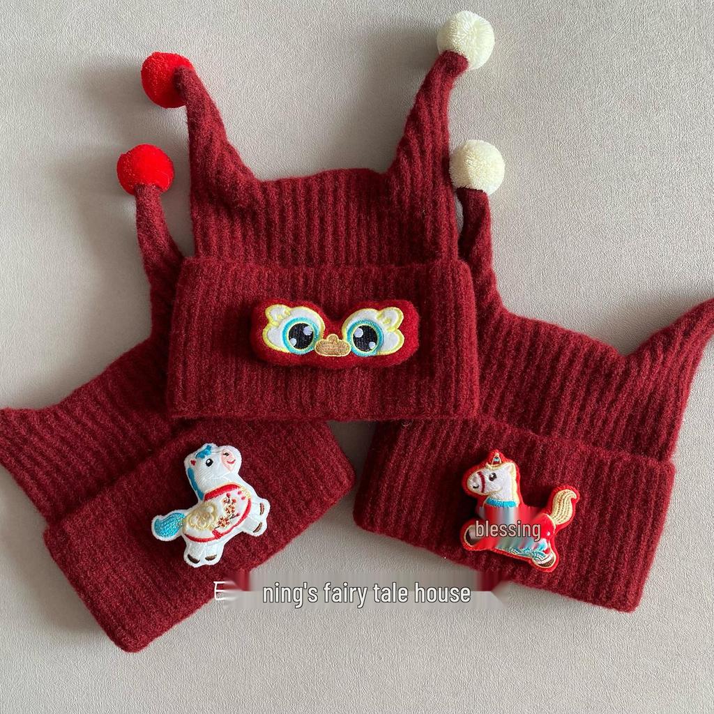 Children's Red Elf Knit Hat with Ear Protection for Autumn/Winter - Cute Pom-Pom Design for Boys and Girls
