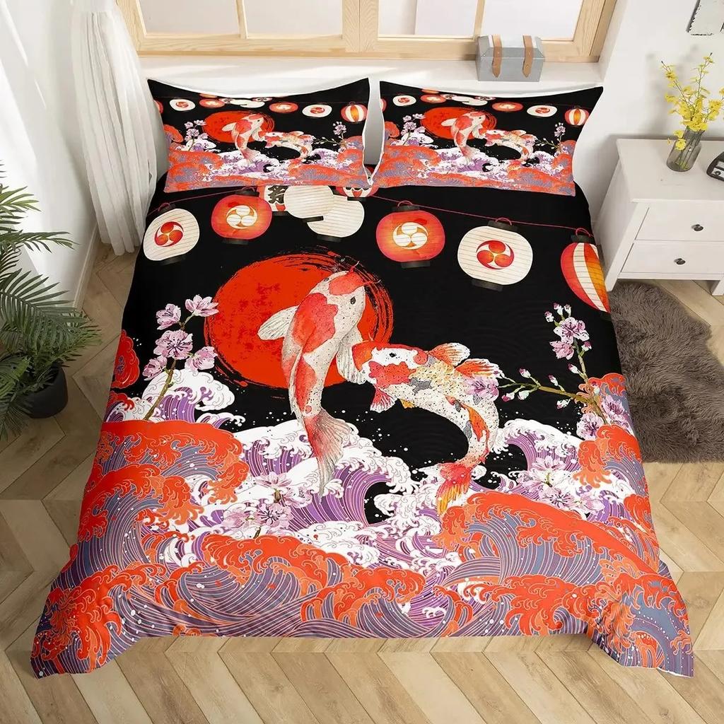 Koi Fish Duvet Cover Set Carp Tie Dye Bedding Sets Traditional Chinese Ink Art Bedspread Lotus Leaf Nature Quilt Cover Full Size