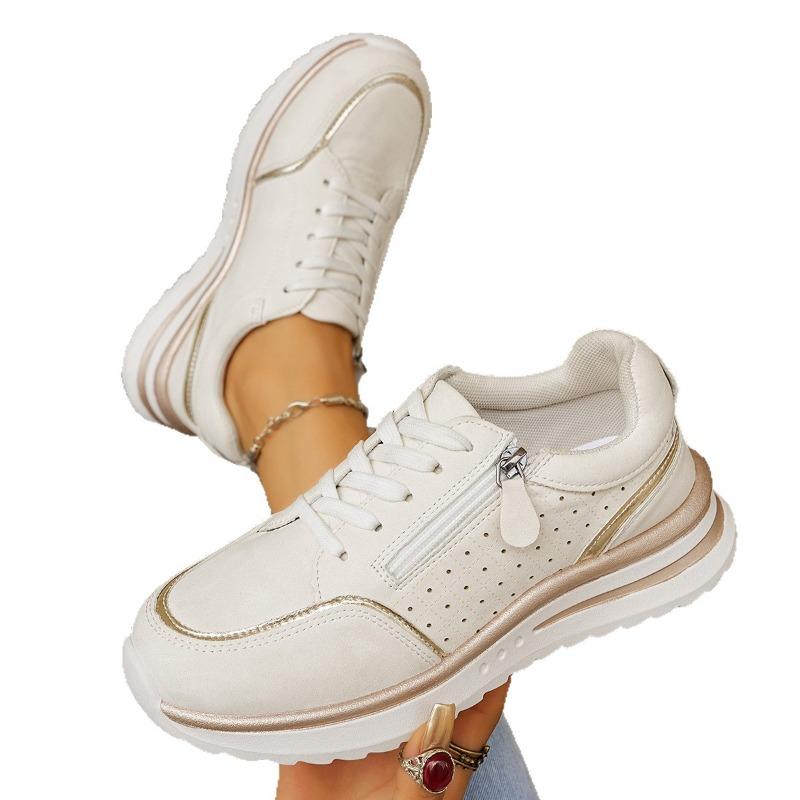 Women's Wide Width Round Toe Lace-Up Sneakers - Two-Tone Color Block Casual Flats for Fall, Fashion Breathable Walking Shoes