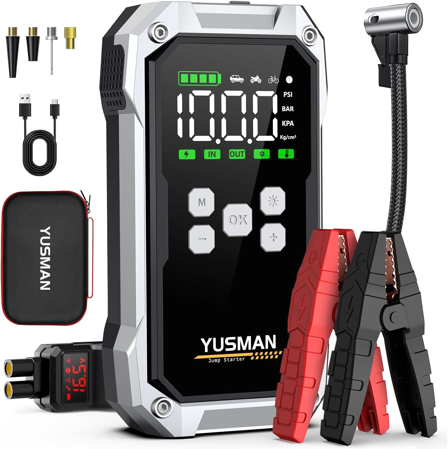 

6000A Jump Starter with Air Compressor, 150PSI, 12V Smart Jump Starter, LED Display, Jumper Cables, 2 LED Lights