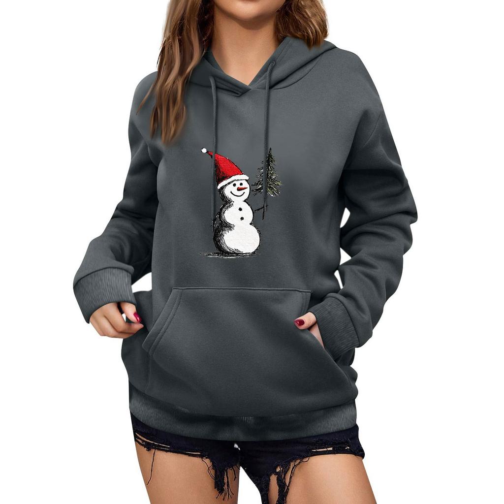 Women's Winter Christmas Printed Pullover Hooded Sweatshirt Fleece Long Sleeve Sweatshirt