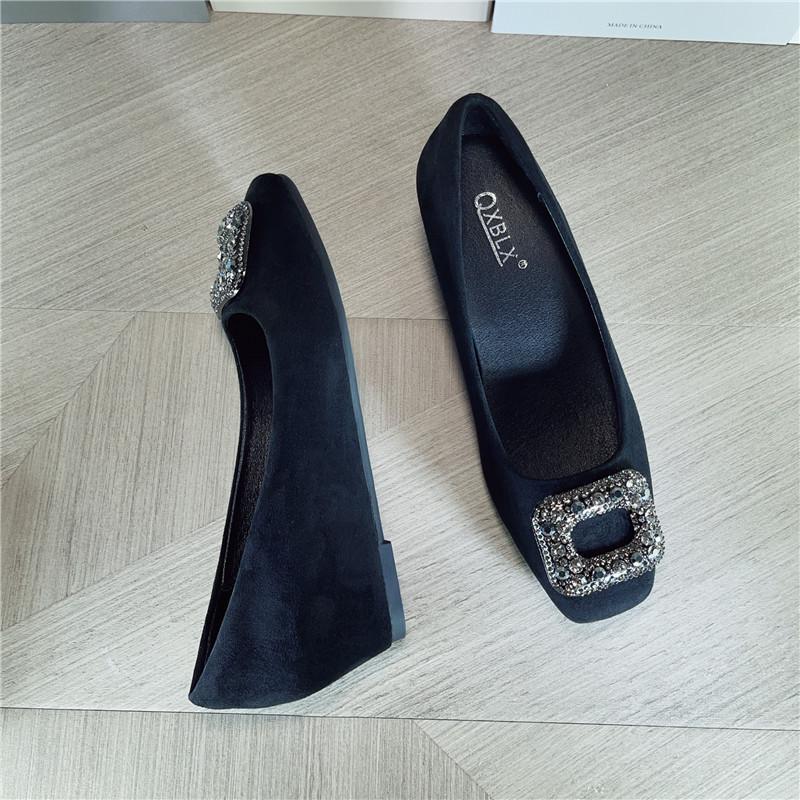 2026 Spring Mid-Heel Square Toe Suede Loafers with Rhinestone Buckle - Women s Autumn Collection 38 чёрный
