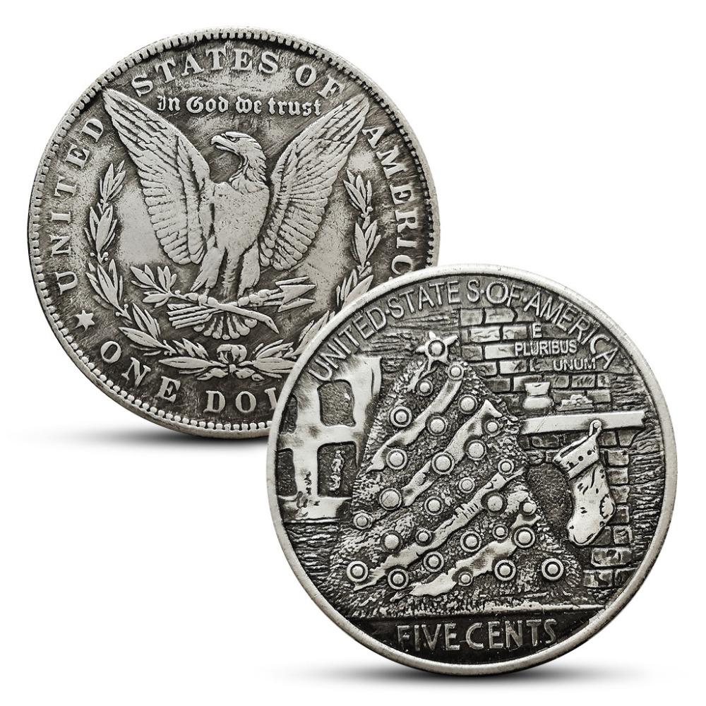 

Christmas vintage wandering coins, play with gifts, wanderer coins, Christmas tree, old man, reindeer, deep carving, silver dollars
