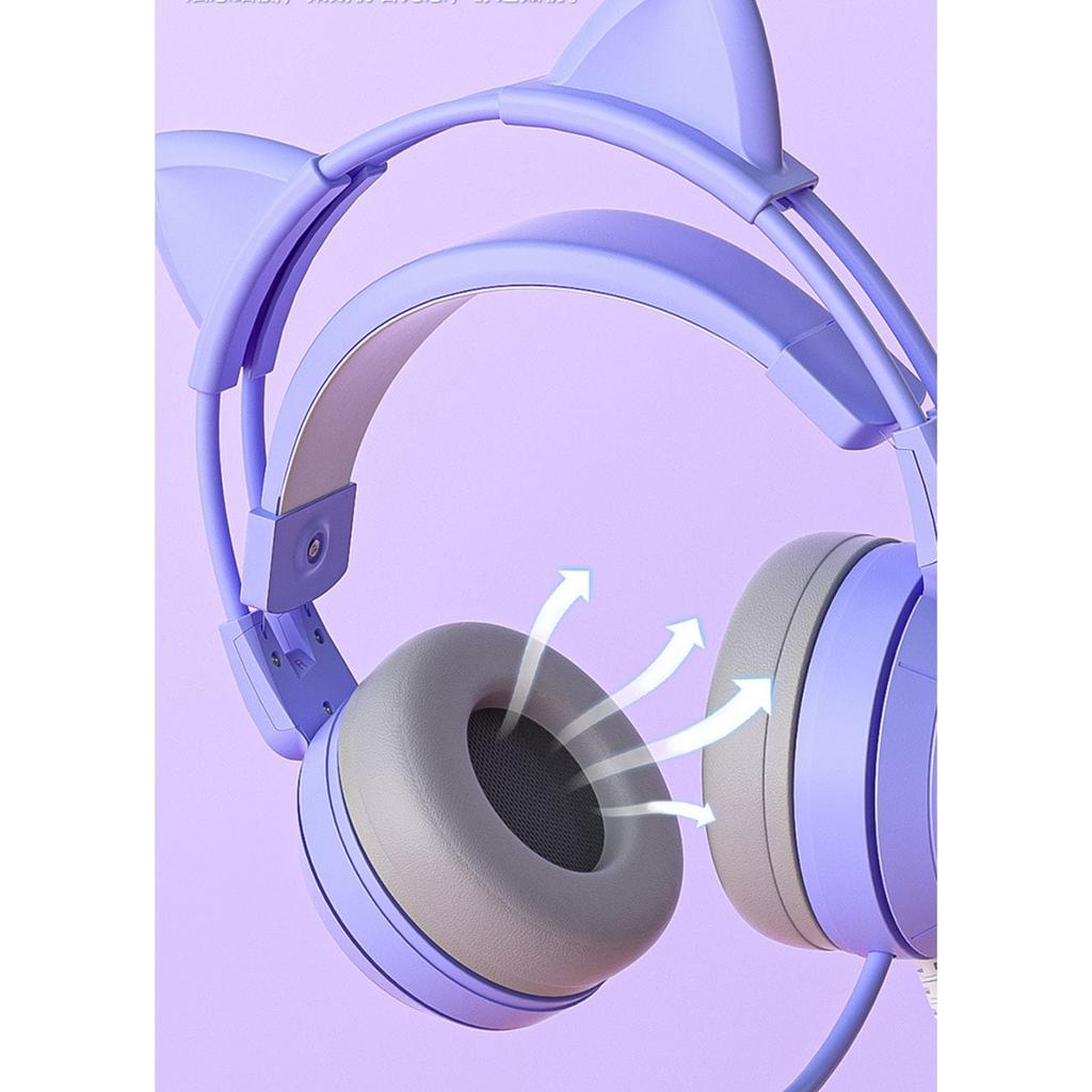Cat Ear Headphones with Noise Reduction Detachable Ear Gaming Headset Microphone, Ears, All-Wrap Cups, Over-Ear (Purple)